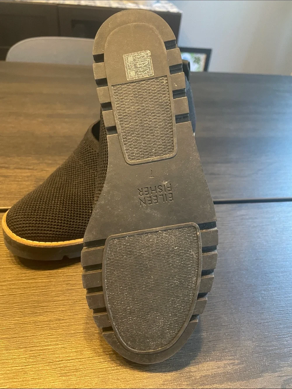 Eileen Fisher Black Knit Slip-On Wedge Sneakers with Tan Trim